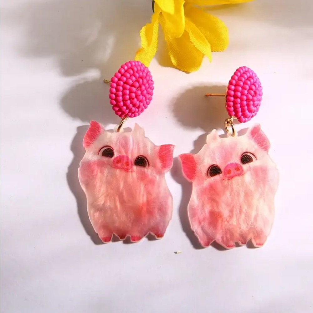 Pink Pig Dangle Earrings - Picture 2 of 3
